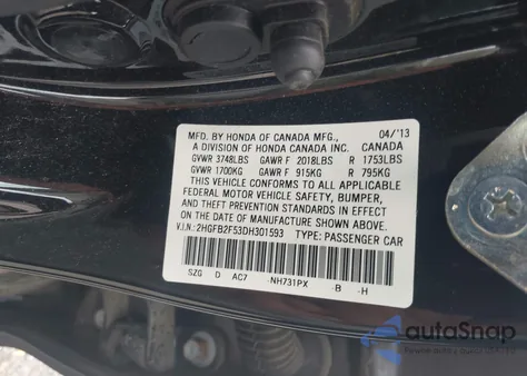 2013 Honda Civic Lx z USA, uszkodzony, nr VIN 2HGFB2F53DH301593